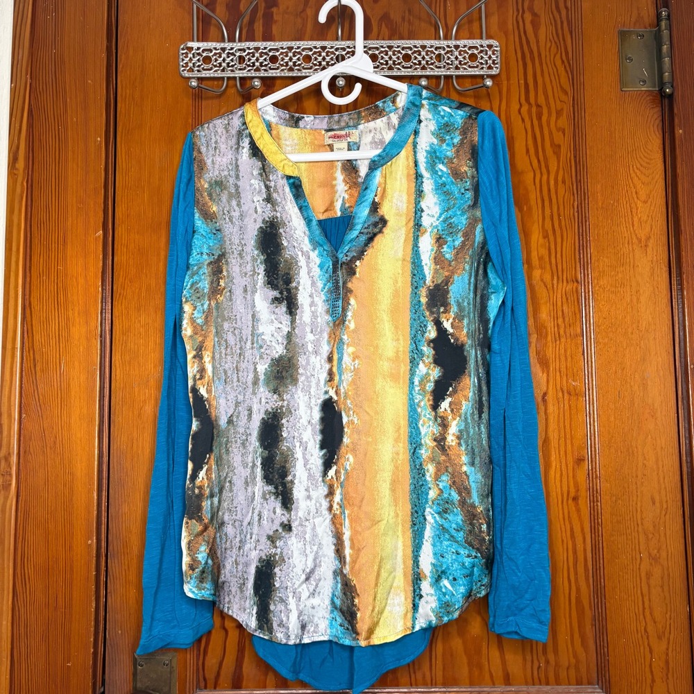 One World Mixed Media Top Womens Large Teal Abstract Print Long Sleeve Excellent